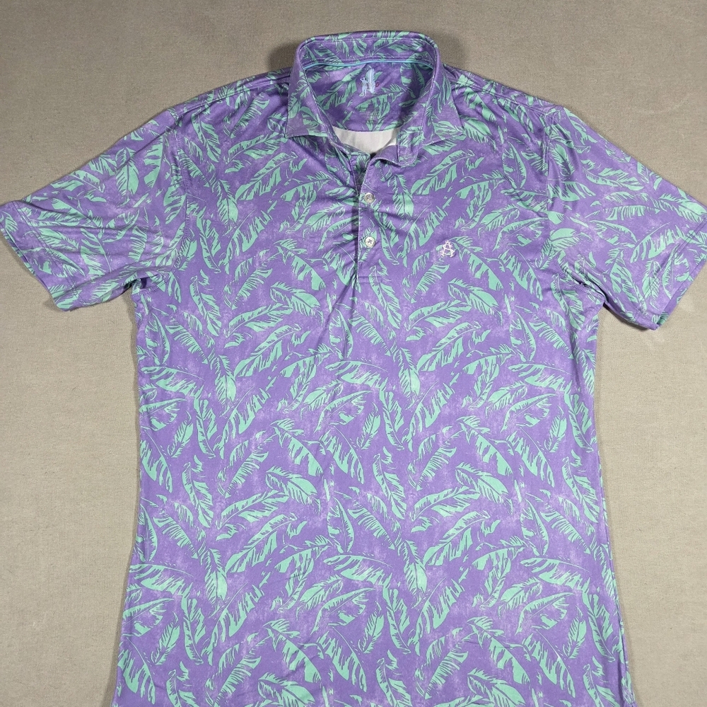 Johnnie-O Purple and Green Leaf Print Featherweight Polp Shirt Size Small